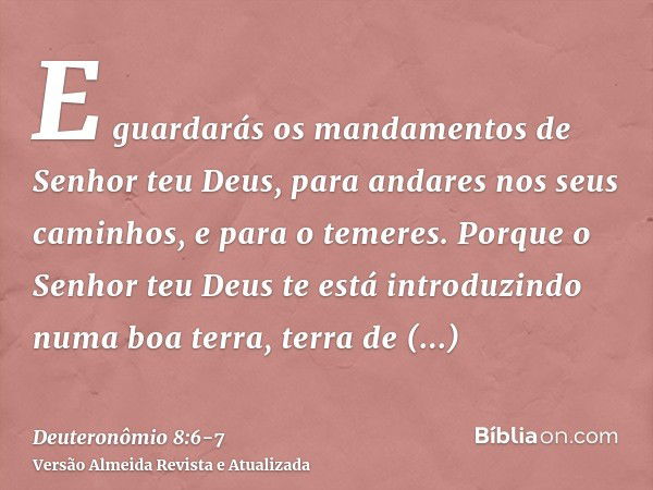 E guardarás os mandamentos de Senhor teu Deus, para andares nos seus caminhos, e para o temeres.Porque o Senhor teu Deus te está introduzindo numa boa terra, te