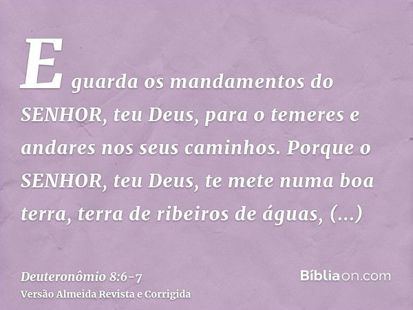 E guarda os mandamentos do SENHOR, teu Deus, para o temeres e andares nos seus caminhos.Porque o SENHOR, teu Deus, te mete numa boa terra, terra de ribeiros de 