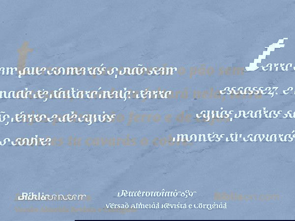 terra em que comerás o pão sem escassez, e nada te faltará nela; terra cujas pedras são ferro e de cujos montes tu cavarás o cobre.
