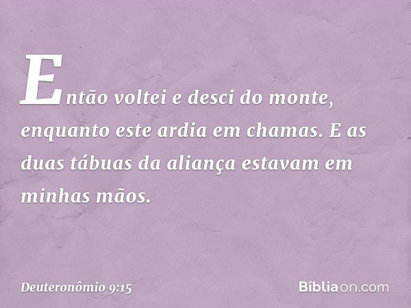 "Então voltei e desci do monte, enquanto este ardia em chamas. E as duas tábuas da aliança estavam em minhas mãos. -- Deuteronômio 9:15