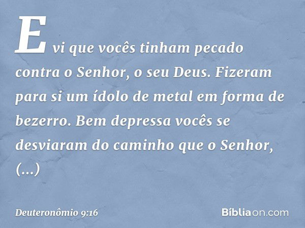 E vi que vocês tinham pecado contra o Senhor, o seu Deus. Fizeram para si um ídolo de metal em forma de bezerro. Bem depressa vocês se desviaram do caminho que 