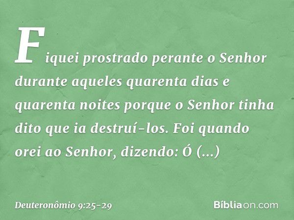 "Fiquei prostrado perante o Senhor durante aqueles quarenta dias e quarenta noites porque o Senhor tinha dito que ia destruí-los. Foi quando orei ao Senhor, diz