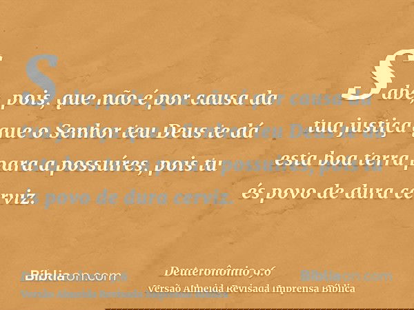 Sabe, pois, que não é por causa da tua justiça que o Senhor teu Deus te dá esta boa terra para a possuíres, pois tu és povo de dura cerviz.