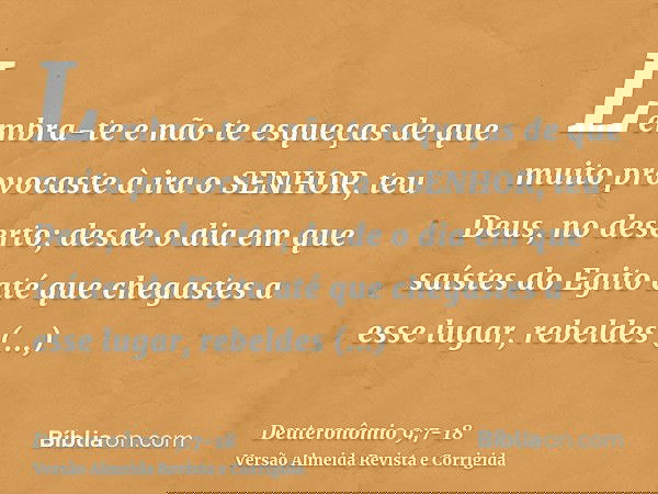 Lembra-te e não te esqueças de que muito provocaste à ira o SENHOR, teu Deus, no deserto; desde o dia em que saístes do Egito até que chegastes a esse lugar, re