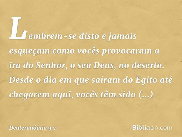 "Lembrem-se disto e jamais esqueçam como vocês provocaram a ira do Senhor, o seu Deus, no deserto. Desde o dia em que saíram do Egito até chegarem aqui, vocês t