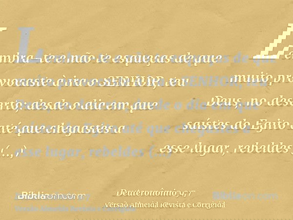 Lembra-te e não te esqueças de que muito provocaste à ira o SENHOR, teu Deus, no deserto; desde o dia em que saístes do Egito até que chegastes a esse lugar, re