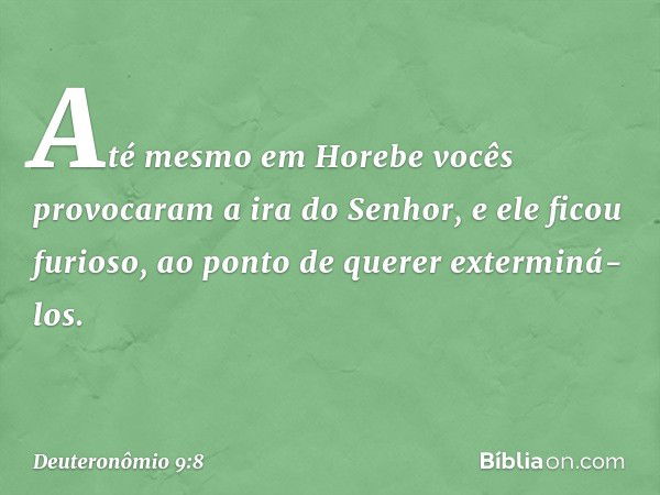 Até mesmo em Horebe vocês provocaram a ira do Senhor, e ele ficou furioso, ao ponto de querer exterminá-los. -- Deuteronômio 9:8