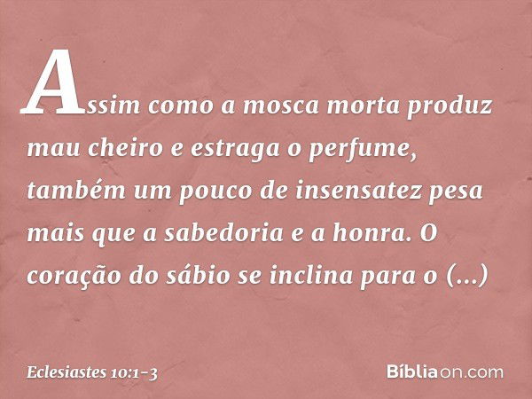 Assim como a mosca morta
produz mau cheiro
e estraga o perfume,
também um pouco de insensatez
pesa mais que a sabedoria e a honra. O coração do sábio
se inclina