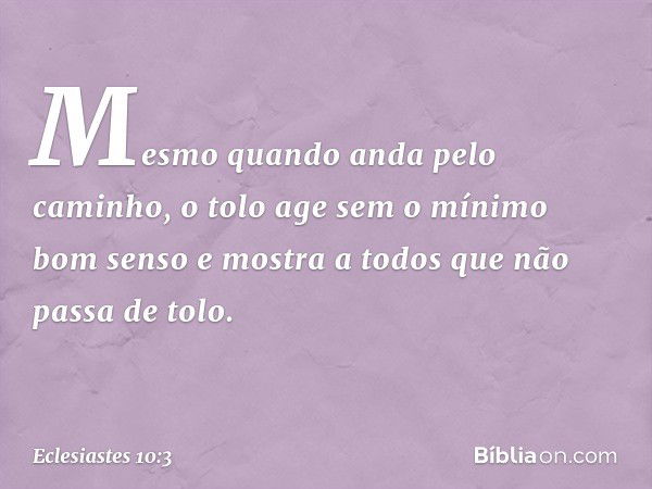 Mesmo quando anda pelo caminho,
o tolo age sem o mínimo bom senso
e mostra a todos
que não passa de tolo. -- Eclesiastes 10:3