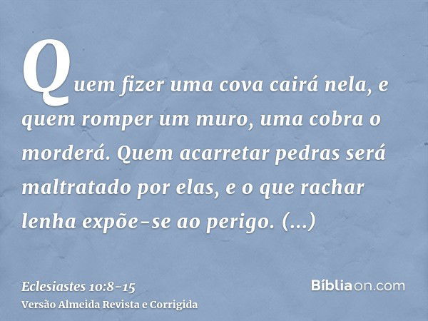 Quem fizer uma cova cairá nela, e quem romper um muro, uma cobra o morderá.Quem acarretar pedras será maltratado por elas, e o que rachar lenha expõe-se ao peri