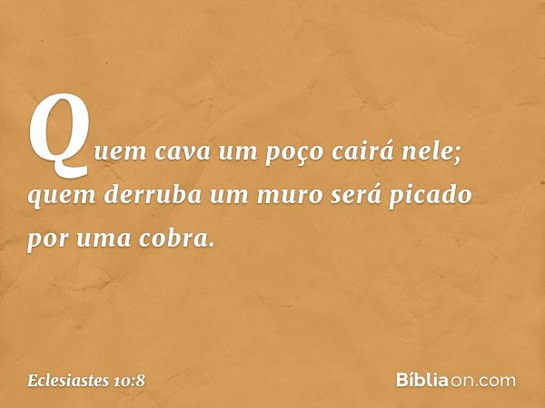 Quem cava um poço cairá nele;
quem derruba um muro
será picado por uma cobra. -- Eclesiastes 10:8