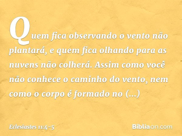 Quem fica observando o vento não plantará,
e quem fica olhando para as nuvens
não colherá. Assim como você não conhece
o caminho do vento,
nem como o corpo é fo