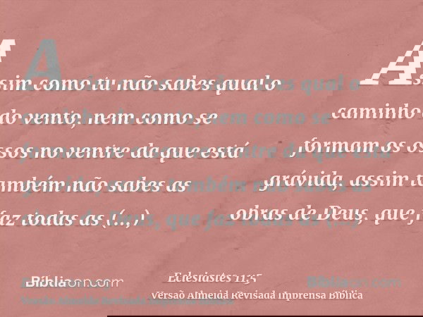 Assim como tu não sabes qual o caminho do vento, nem como se formam os ossos no ventre da que está grávida, assim também não sabes as obras de Deus, que faz tod