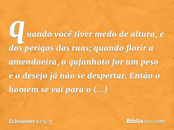 quando você tiver medo de altura,
e dos perigos das ruas;
quando florir a amendoeira,
o gafanhoto for um peso
e o desejo já não se despertar.
Então o homem se v