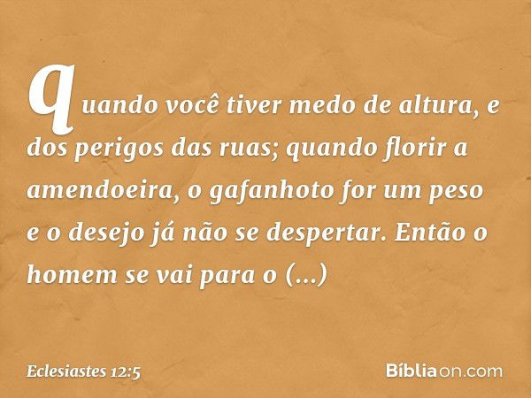 quando você tiver medo de altura,
e dos perigos das ruas;
quando florir a amendoeira,
o gafanhoto for um peso
e o desejo já não se despertar.
Então o homem se v