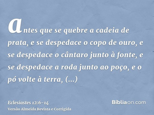 antes que se quebre a cadeia de prata, e se despedace o copo de ouro, e se despedace o cântaro junto à fonte, e se despedace a roda junto ao poço,e o pó volte à