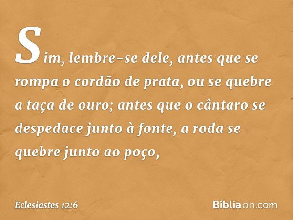 Sim, lembre-se dele,
antes que se rompa o cordão de prata,
ou se quebre a taça de ouro;
antes que o cântaro se despedace
junto à fonte,
a roda se quebre junto a