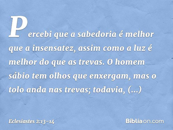 Percebi que a sabedoria
é melhor que a insensatez,
assim como a luz é melhor
do que as trevas. O homem sábio
tem olhos que enxergam,
mas o tolo anda nas trevas;