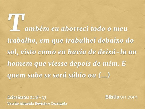 Também eu aborreci todo o meu trabalho, em que trabalhei debaixo do sol, visto como eu havia de deixá-lo ao homem que viesse depois de mim.E quem sabe se será s