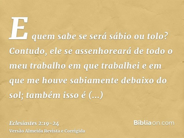 E quem sabe se será sábio ou tolo? Contudo, ele se assenhoreará de todo o meu trabalho em que trabalhei e em que me houve sabiamente debaixo do sol; também isso