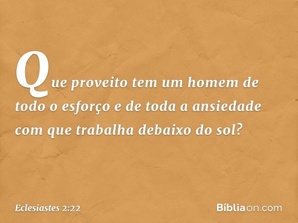 Que proveito tem um homem de todo o esforço e de toda a ansiedade com que trabalha debaixo do sol? -- Eclesiastes 2:22