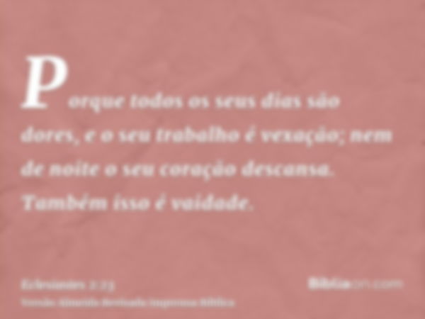 Porque todos os seus dias são dores, e o seu trabalho é vexação; nem de noite o seu coração descansa. Também isso é vaidade.