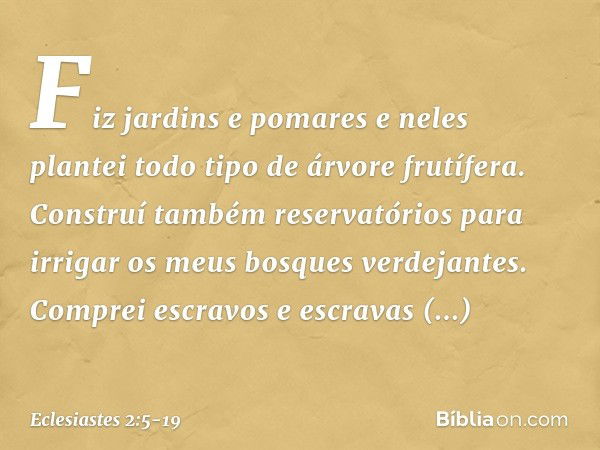 Fiz jardins e pomares e neles plantei todo tipo de árvore frutífera. Construí também reservatórios para irrigar os meus bosques verdejantes. Com­prei escravos e