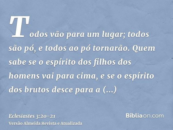 Todos vão para um lugar; todos são pó, e todos ao pó tornarão.Quem sabe se o espírito dos filhos dos homens vai para cima, e se o espírito dos brutos desce para