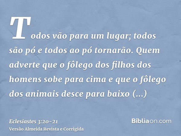 Todos vão para um lugar; todos são pó e todos ao pó tornarão.Quem adverte que o fôlego dos filhos dos homens sobe para cima e que o fôlego dos animais desce par