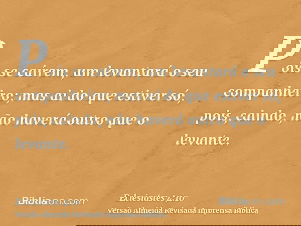 Pois se caírem, um levantará o seu companheiro; mas ai do que estiver só, pois, caindo, não haverá outro que o levante.