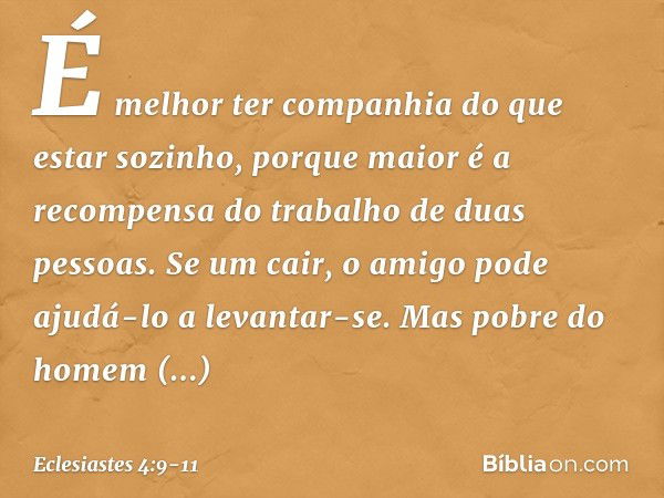 É melhor ter companhia
do que estar sozinho,
porque maior é
a recompensa do trabalho
de duas pessoas. Se um cair,
o amigo pode ajudá-lo a levantar-se.
Mas pobre