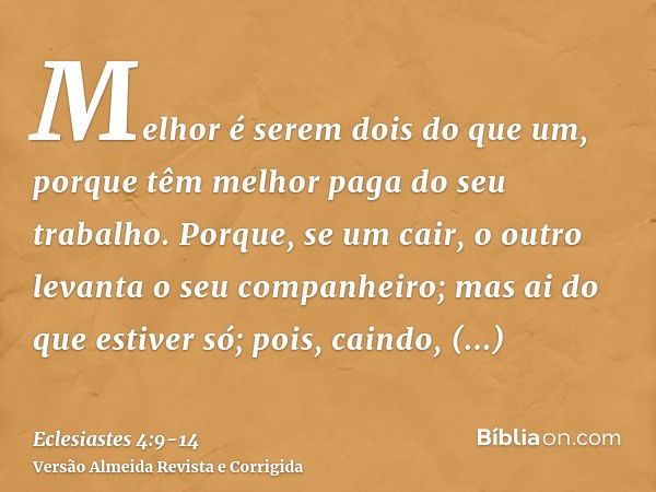 Melhor é serem dois do que um, porque têm melhor paga do seu trabalho.Porque, se um cair, o outro levanta o seu companheiro; mas ai do que estiver só; pois, cai