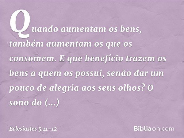 Quando aumentam os bens,
também aumentam
os que os consomem.
E que benefício trazem os bens
a quem os possui,
senão dar um pouco de alegria
aos seus olhos? O so