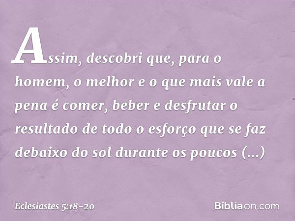 Assim, descobri que, para o homem, o melhor e o que mais vale a pena é comer, beber e desfrutar o resultado de todo o esforço que se faz debaixo do sol durante 