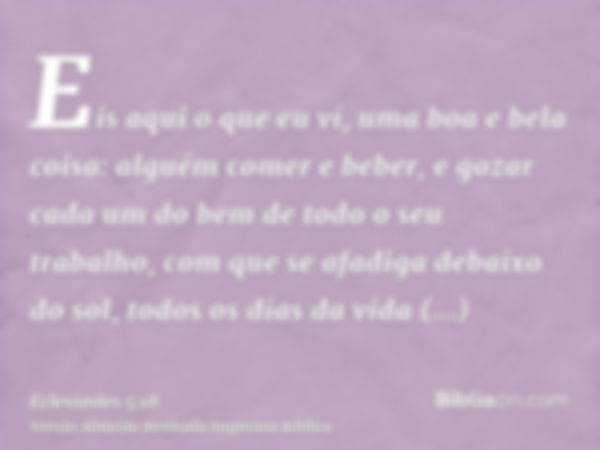 Eis aqui o que eu vi, uma boa e bela coisa: alguém comer e beber, e gozar cada um do bem de todo o seu trabalho, com que se afadiga debaixo do sol, todos os dia