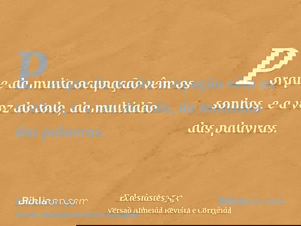 Porque da muita ocupação vêm os sonhos, e a voz do tolo, da multidão das palavras.