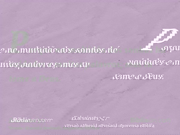 Porque na multidão dos sonhos há vaidades e muitas palavras; mas tu teme a Deus.