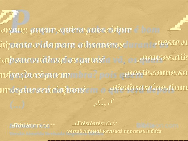 Porque, quem sabe o que é bom nesta vida para o homem, durante os poucos dias da sua vida vã, os quais gasta como sombra? pois quem declarará ao homem o que ser