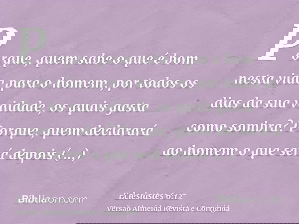 Porque, quem sabe o que é bom nesta vida para o homem, por todos os dias da sua vaidade, os quais gasta como sombra? Porque, quem declarará ao homem o que será