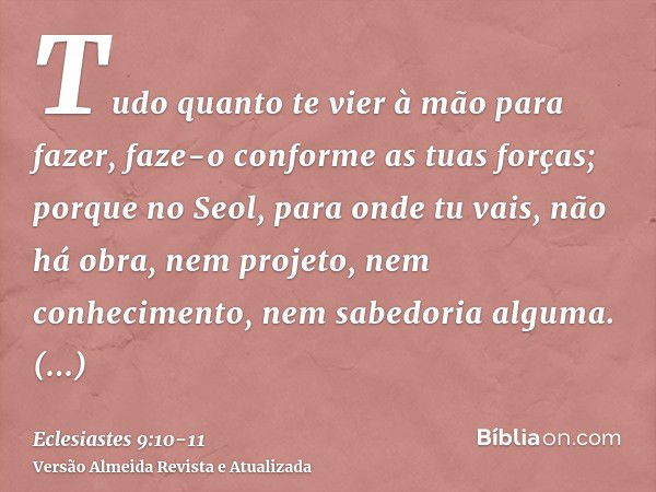 Tudo quanto te vier à mão para fazer, faze-o conforme as tuas forças; porque no Seol, para onde tu vais, não há obra, nem projeto, nem conhecimento, nem sabedor