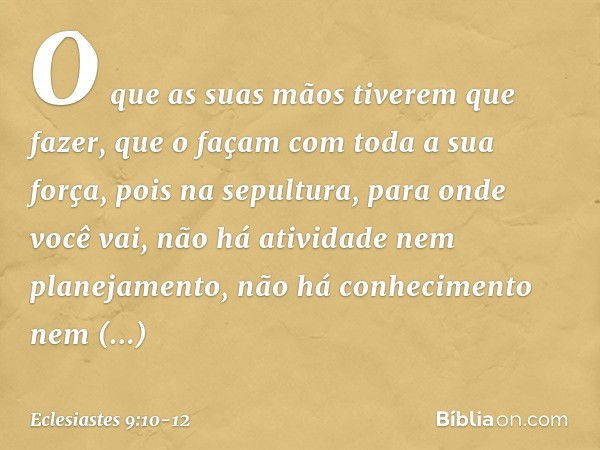 O que as suas mãos tiverem que fazer, que o façam com toda a sua força, pois na sepultura, para onde você vai, não há atividade nem planejamento, não há conheci