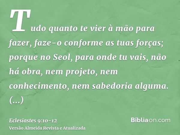 Tudo quanto te vier à mão para fazer, faze-o conforme as tuas forças; porque no Seol, para onde tu vais, não há obra, nem projeto, nem conhecimento, nem sabedor