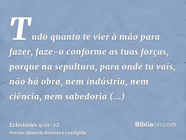 Tudo quanto te vier à mão para fazer, faze-o conforme as tuas forças, porque na sepultura, para onde tu vais, não há obra, nem indústria, nem ciência, nem sabed