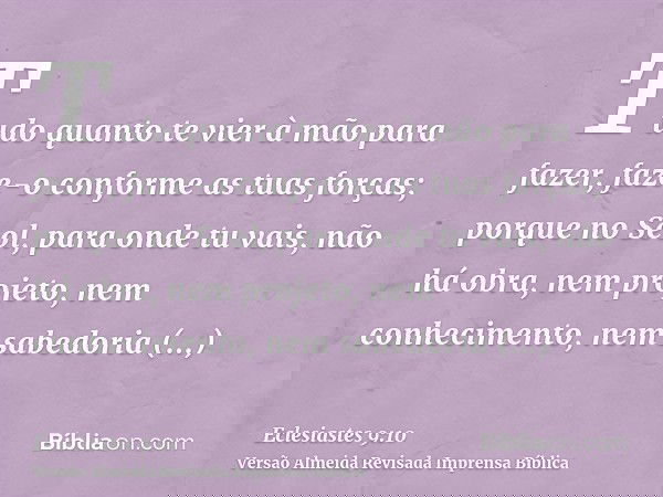 Tudo quanto te vier à mão para fazer, faze-o conforme as tuas forças; porque no Seol, para onde tu vais, não há obra, nem projeto, nem conhecimento, nem sabedor