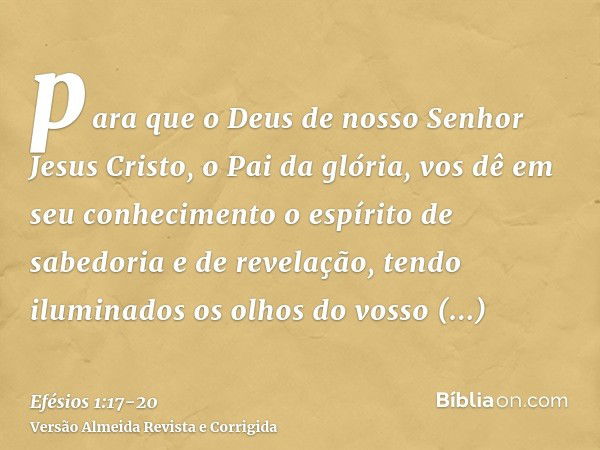 para que o Deus de nosso Senhor Jesus Cristo, o Pai da glória, vos dê em seu conhecimento o espírito de sabedoria e de revelação,tendo iluminados os olhos do vo