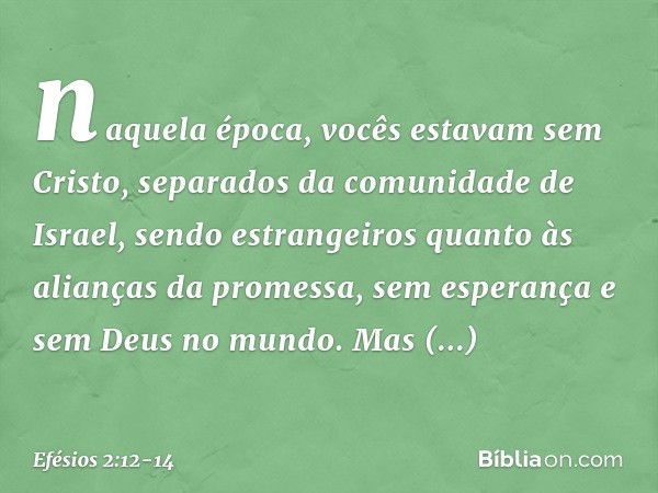 naquela época, vocês estavam sem Cristo, separados da comunidade de Israel, sendo estrangeiros quanto às alianças da promessa, sem esperança e sem Deus no mundo