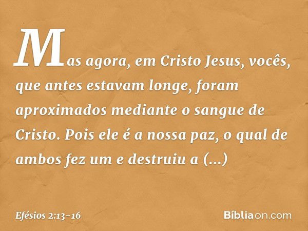 Mas agora, em Cristo Jesus, vocês, que antes estavam longe, foram aproximados mediante o sangue de Cristo. Pois ele é a nossa paz, o qual de ambos fez um e dest