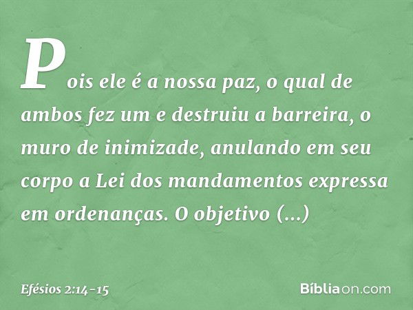 Pois ele é a nossa paz, o qual de ambos fez um e destruiu a barreira, o muro de inimizade, anulando em seu corpo a Lei dos mandamentos expressa em ordenanças. O