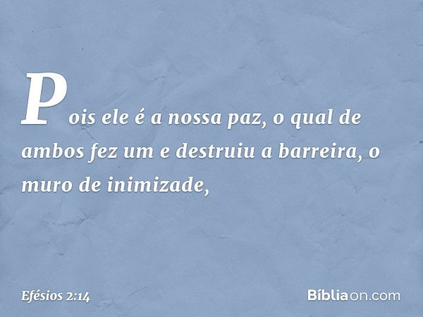 Pois ele é a nossa paz, o qual de ambos fez um e destruiu a barreira, o muro de inimizade, -- Efésios 2:14