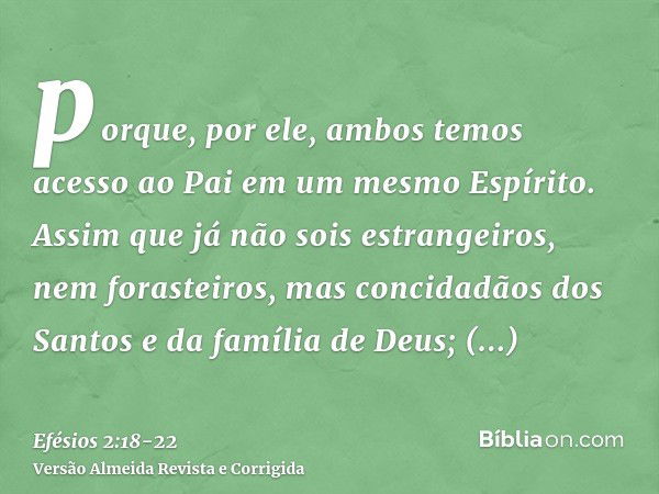 porque, por ele, ambos temos acesso ao Pai em um mesmo Espírito.Assim que já não sois estrangeiros, nem forasteiros, mas concidadãos dos Santos e da família de 